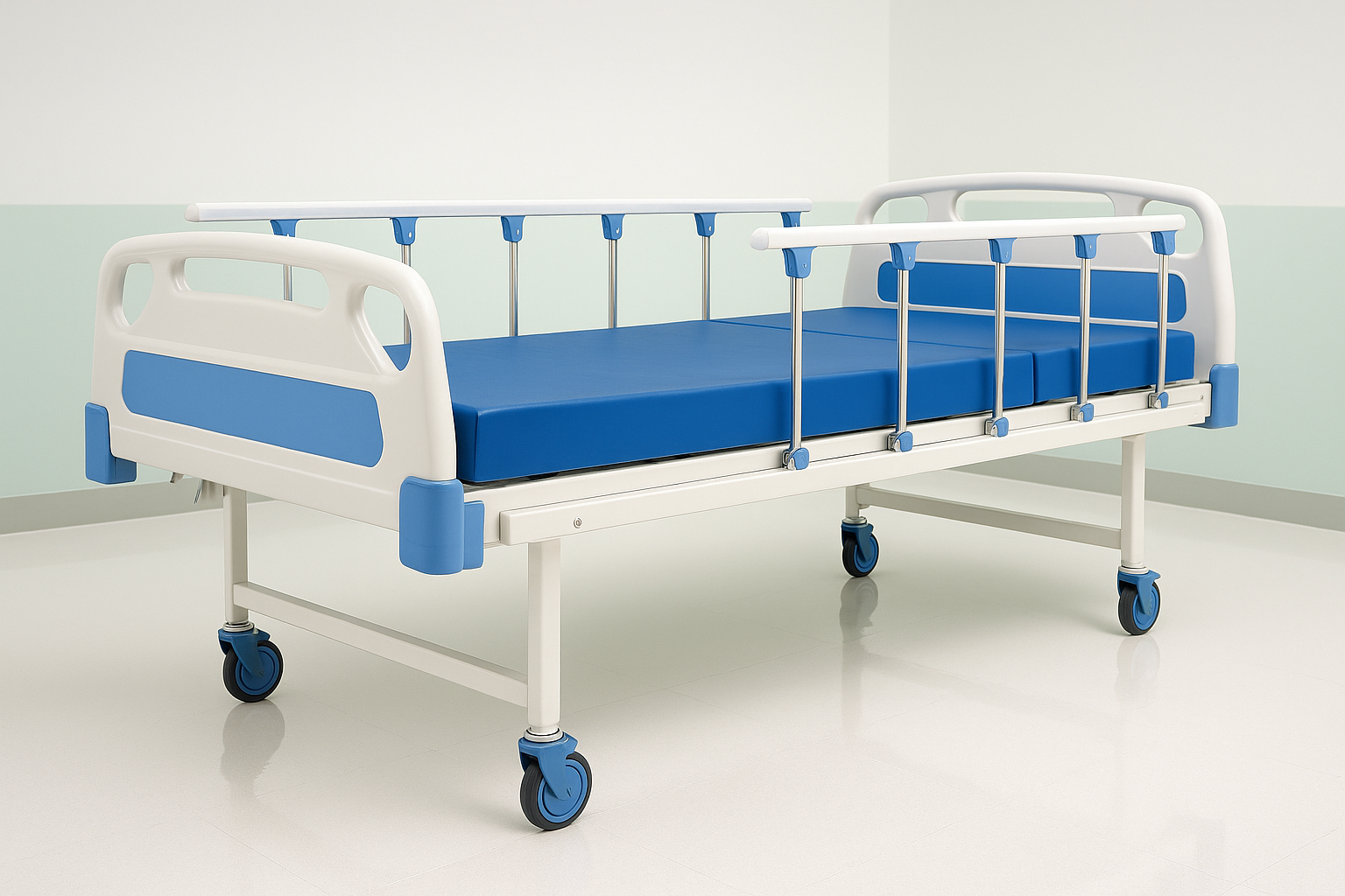Adjustable Fowler hospital bed with side rails and lockable castors