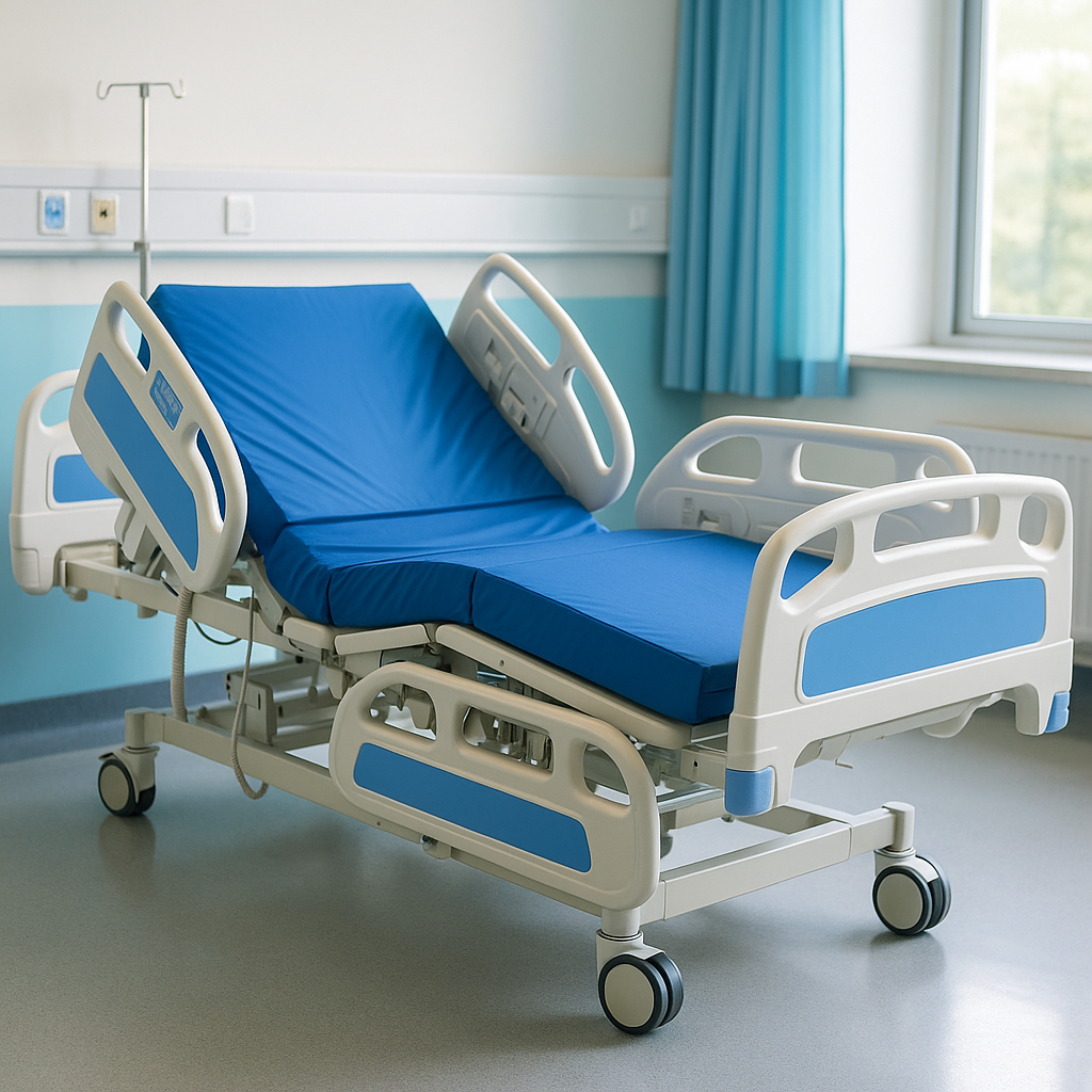 Hospital bed with blue mattress in a room with a window and curtains.