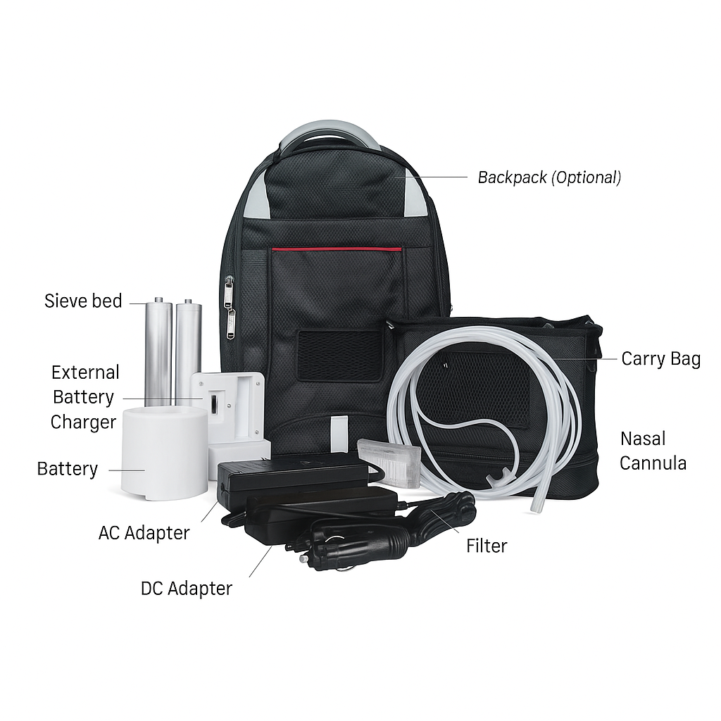 Oxymed POC set with backpack, carry bag, and various components labeled on a white background.