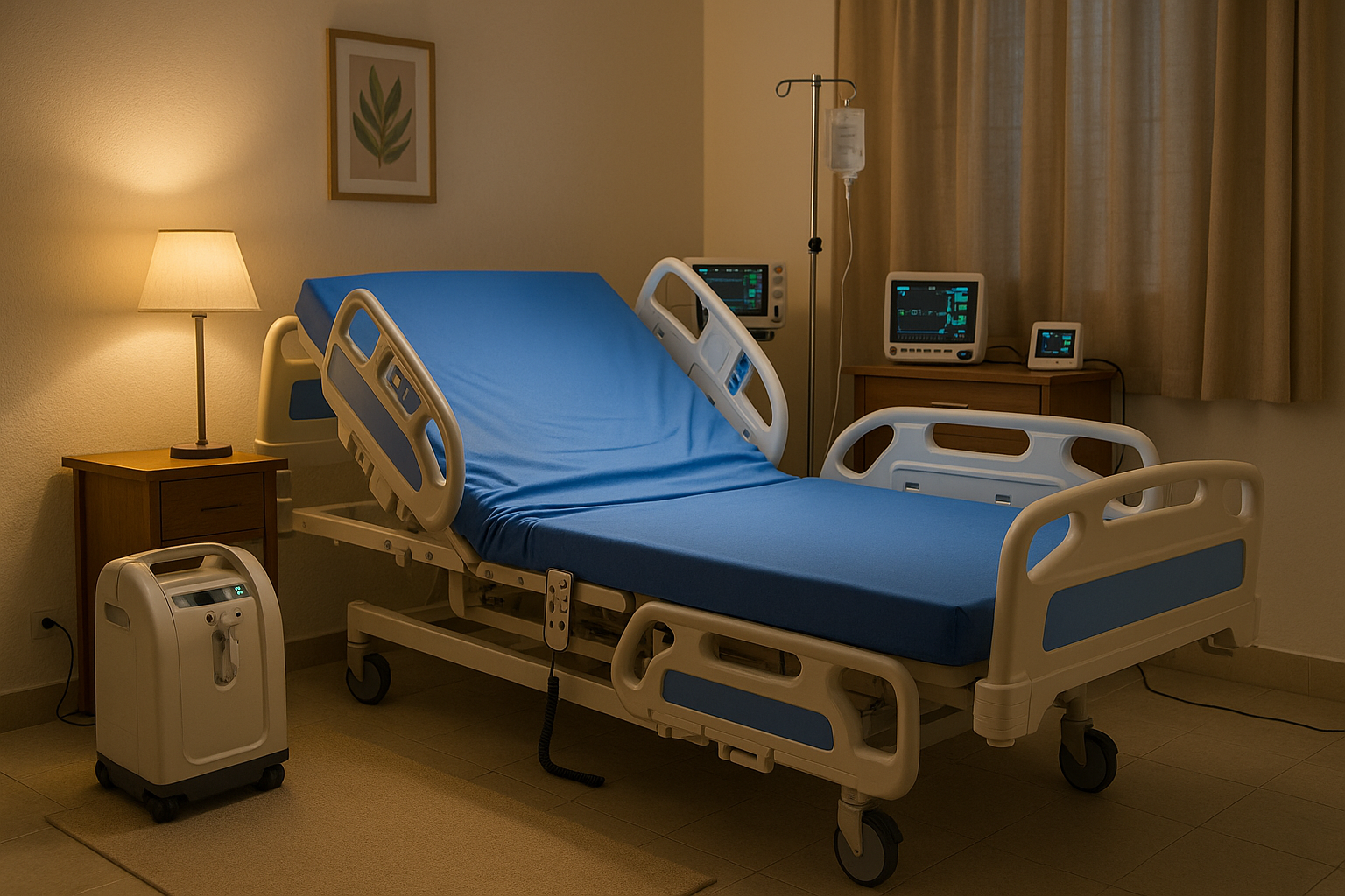 Hospital room with an empty bed, medical equipment, and a lamp.