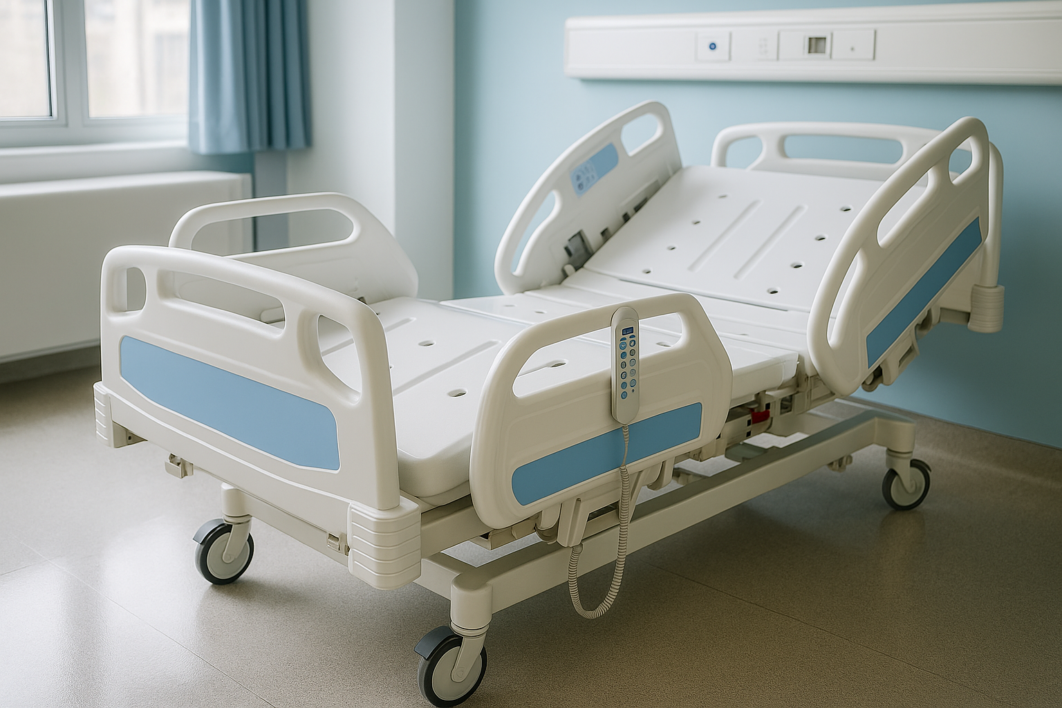 Hospital bed in a room with light blue walls and a window.
