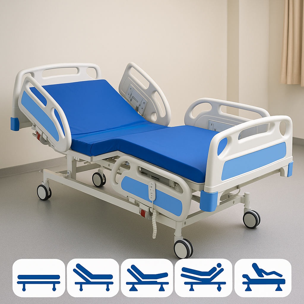 Hospital bed with blue mattress in a room setting