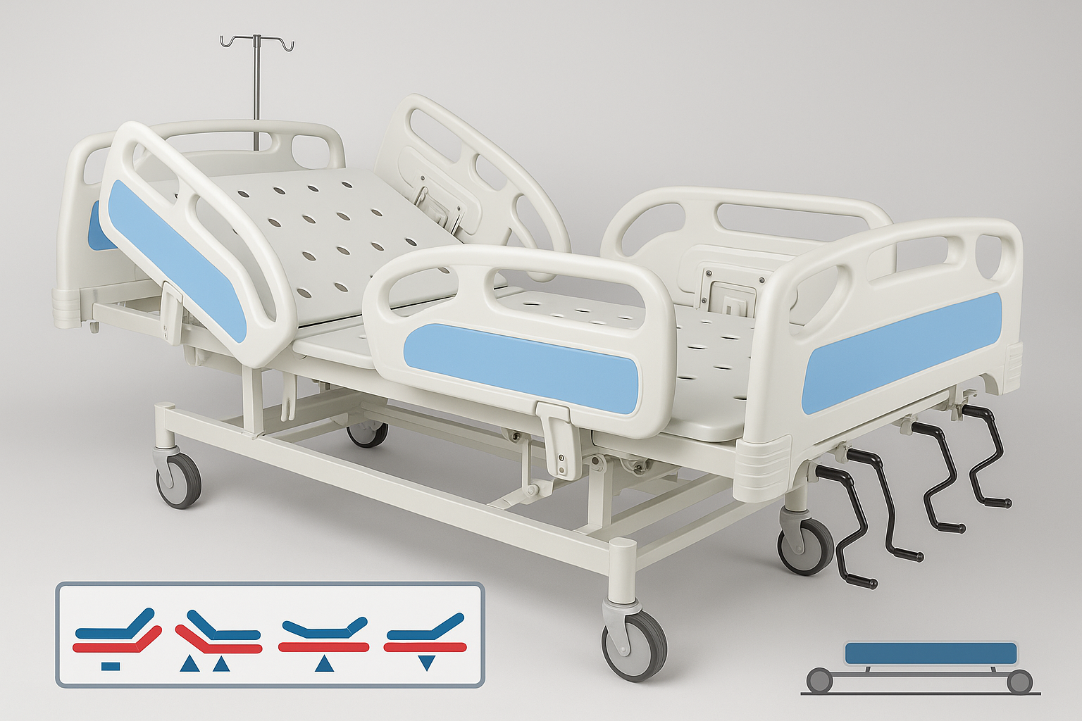 Hospital bed with blue accents on a gray background