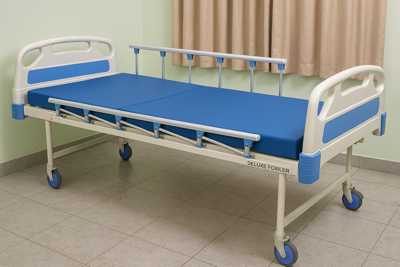 Hospital bed with blue mattress and metal frame on a tiled floor.