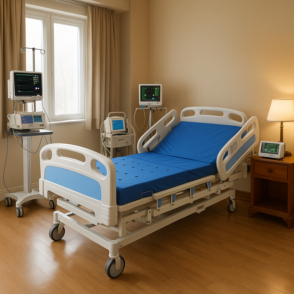 Hospital room with a bed, monitors, and medical equipment.