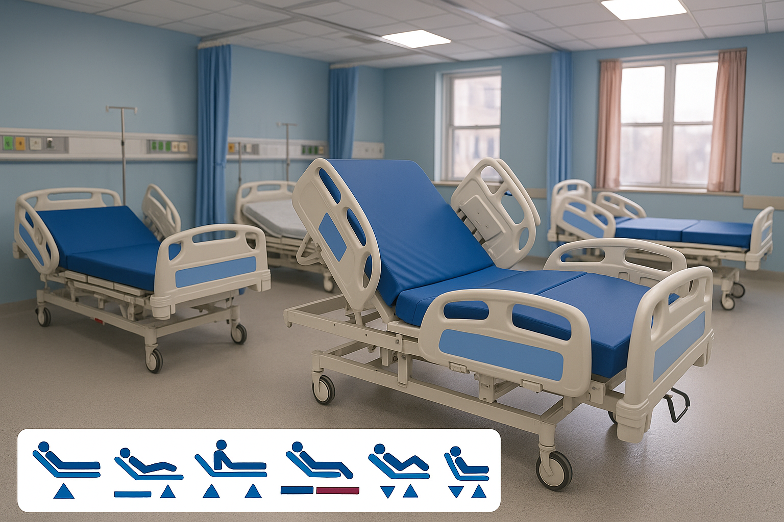Hospital room with multiple beds and medical equipment.