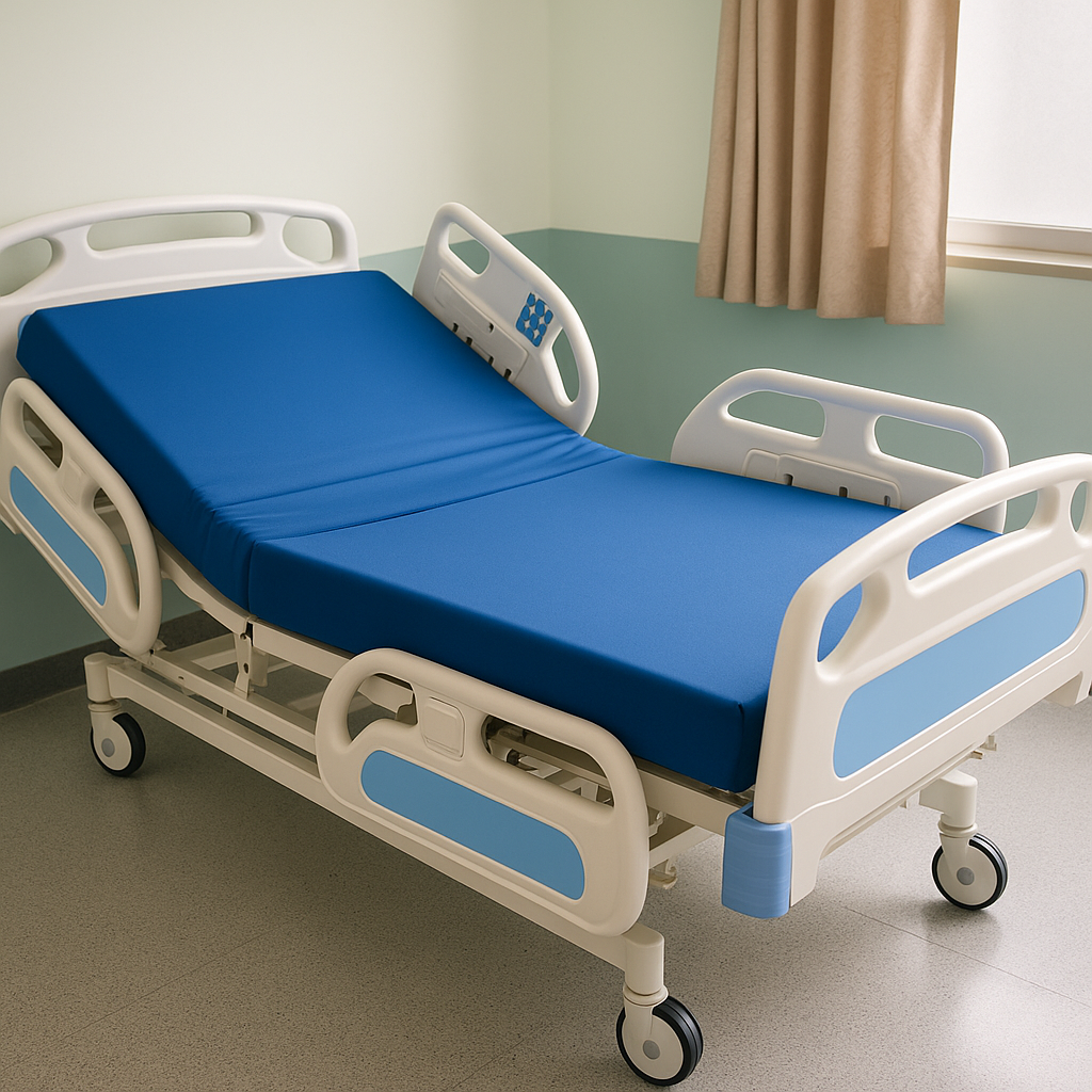 Hospital bed with blue mattress in a room with a curtain.