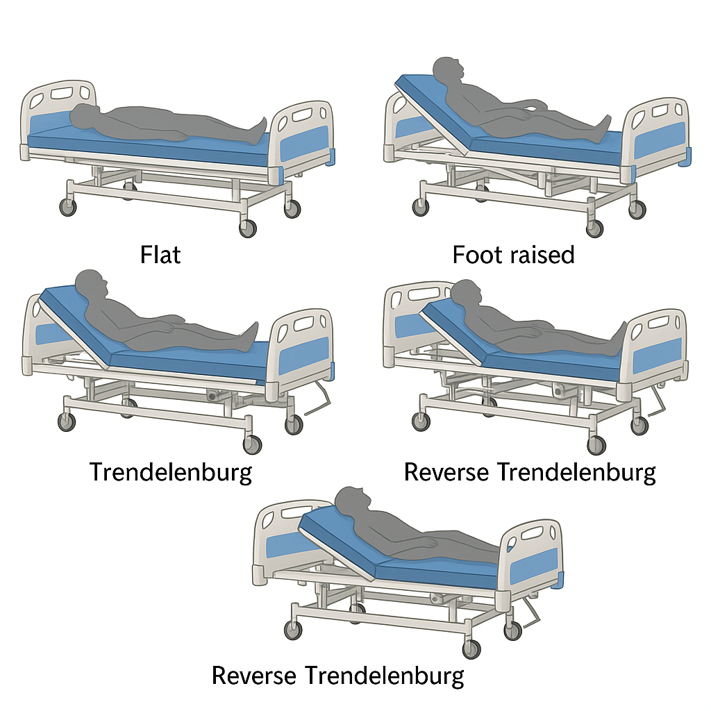 Diagram showing different positions of a hospital bed including flat, foot raised, Trendelenburg, and Reverse Trendelenburg.