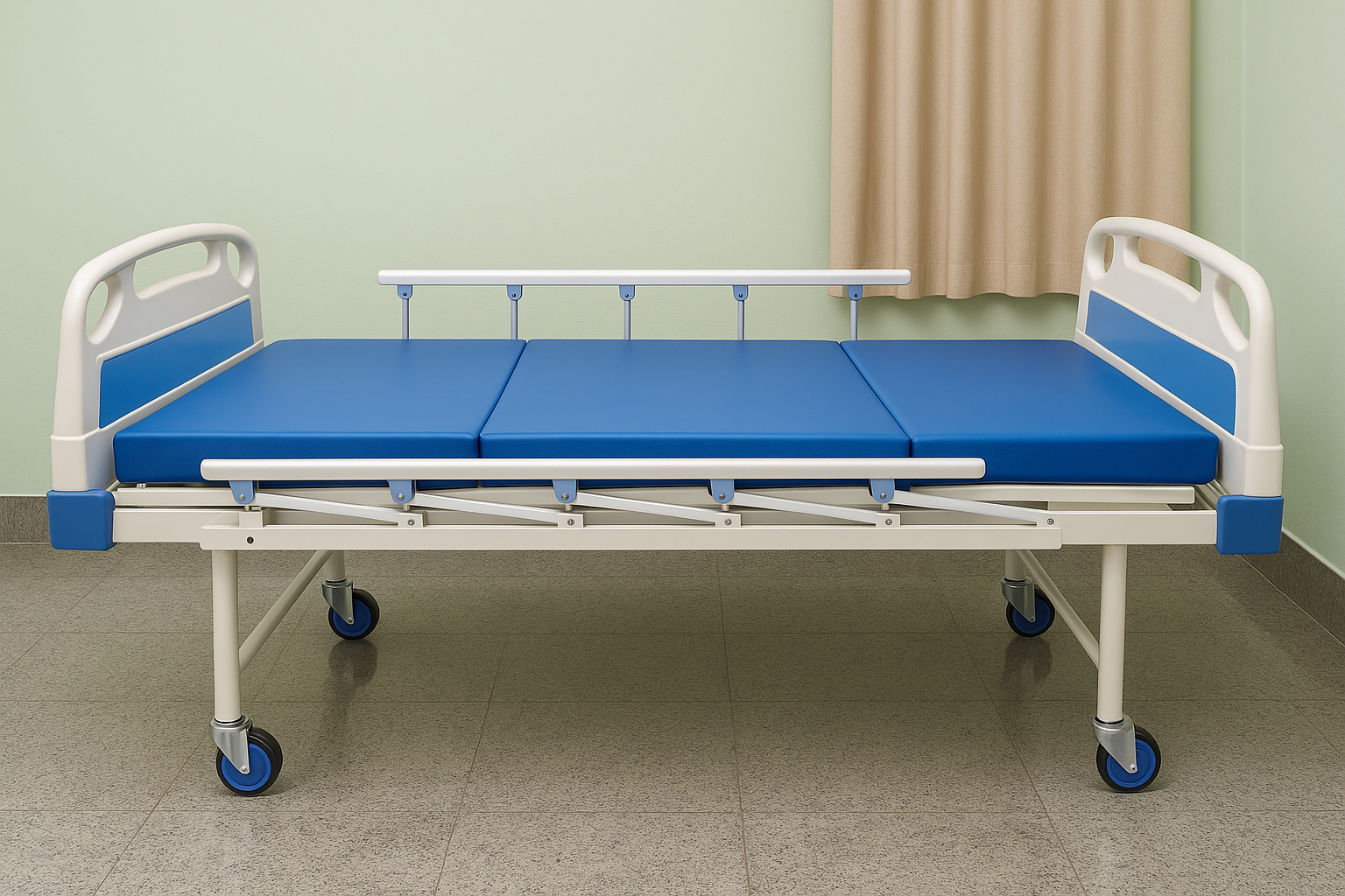 Adjustable Fowler hospital bed with side rails and lockable castors