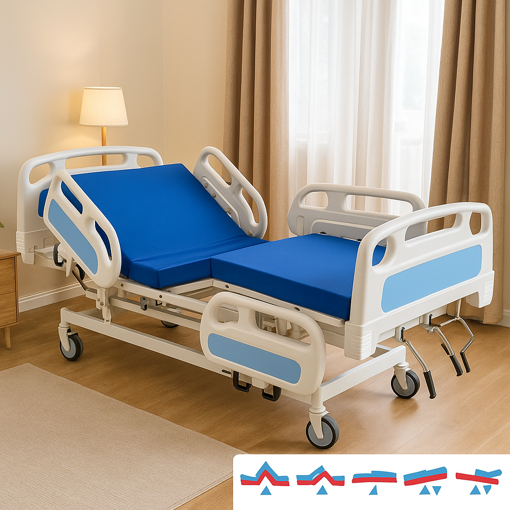 Hospital bed with blue mattress in a room setting