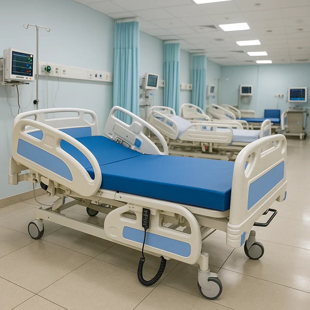 Hospital bed with blue mattress in a room setting