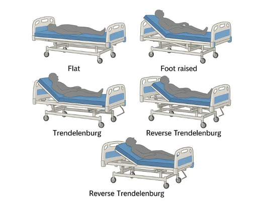 Hospital bed with blue mattress in a room with a window and curtains.